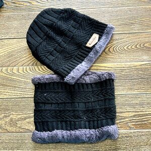 NEW Black‎ and Purple Knit Beanie and Scarf Set Outdoors Ski Hiking Fishing